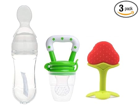 WAHHSON Combo of Baby Silicone Food Nibbler for Fruit Food Feeder & Fruit Teether, Pacifier Nibbler for 6 to 12 Months Baby (Pack of 3, Type 9)