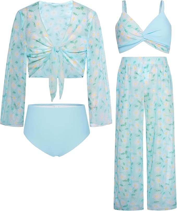 GRACE KARIN Traje de baño de 4 piezas para adolescentes y niñas, de manga larga, kimono, pantalones, bikini, conjunto de tankini, 10, 8 años