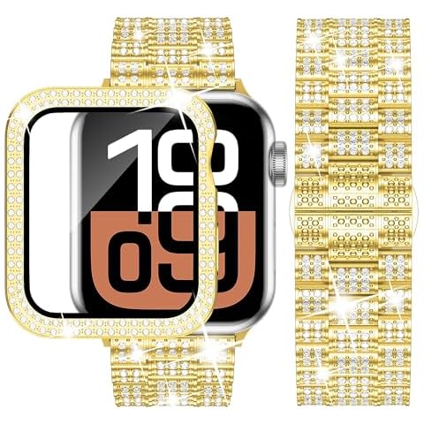 iiteeology Designed for Apple Watch Bands 44mm, Bling Diamond Case Band Kit Luxury Rhinestone Strap Series 6 5 4 SE for Women, Gold Cover