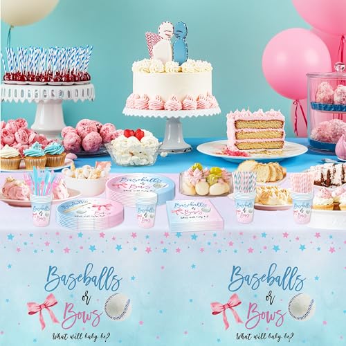 Image of Baseball or Bows Gender Reveal Decorations Tablecloth, Disposable Boy or Girl Theme Baseball Gender Reveal Party Supplies Tablecover, 3 Pack, 55in x 86in