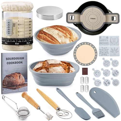 Sourdough Starter Kit, Sourdough Bread Baking Supplies, 40oz Sourdough Starter Jar, Silicone Banneton Bread Proofing Basket Set with 9″ Round & 10″ Oval,Artisan Bread Baking Tools,Silicone Bread Sling