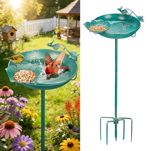 Mellbree Bird Bath for Outside 12 Dia 39 H Lake Blue with Gold Gilding Metal birdbath for Outdoors Freestanding with Perch & Feeder Bowl Multi-Functional for Garden Patio Yard Lawn Outdoor Decor