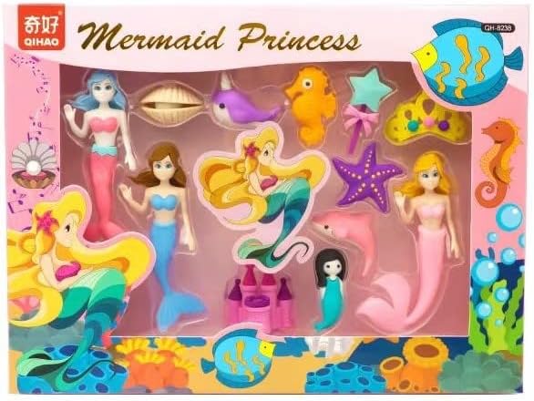 WISHKEY Colorful Mermaid Theme Stationary for Boys & Girls with 12 Cute Adorable Characters Water Animal & Creatures, Fancy Eraser Set Birthday Party Return Gift for Kids (Multicolor)