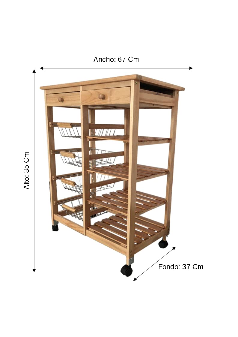 Meyvaser Carrello da cucina in legno con 2 cassetti, 4 ripiani e 4 vassoi in metallo 85x67x37 cm Colore Miele