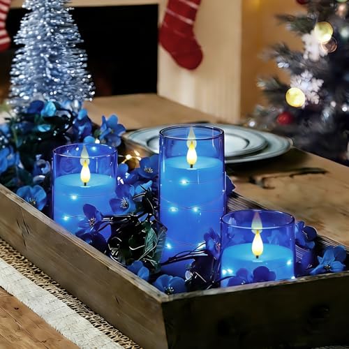 Image of Homemory Flickering Flameless Candles, Blue LED Pillar Candles with Remote