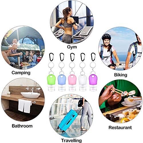 5 Pieces Portable Travel Bottles Silicone Keychain Reusable Empty Containers 1 oz Leakproof Dispenser with 5 Stretchable Lanyard and Funnel