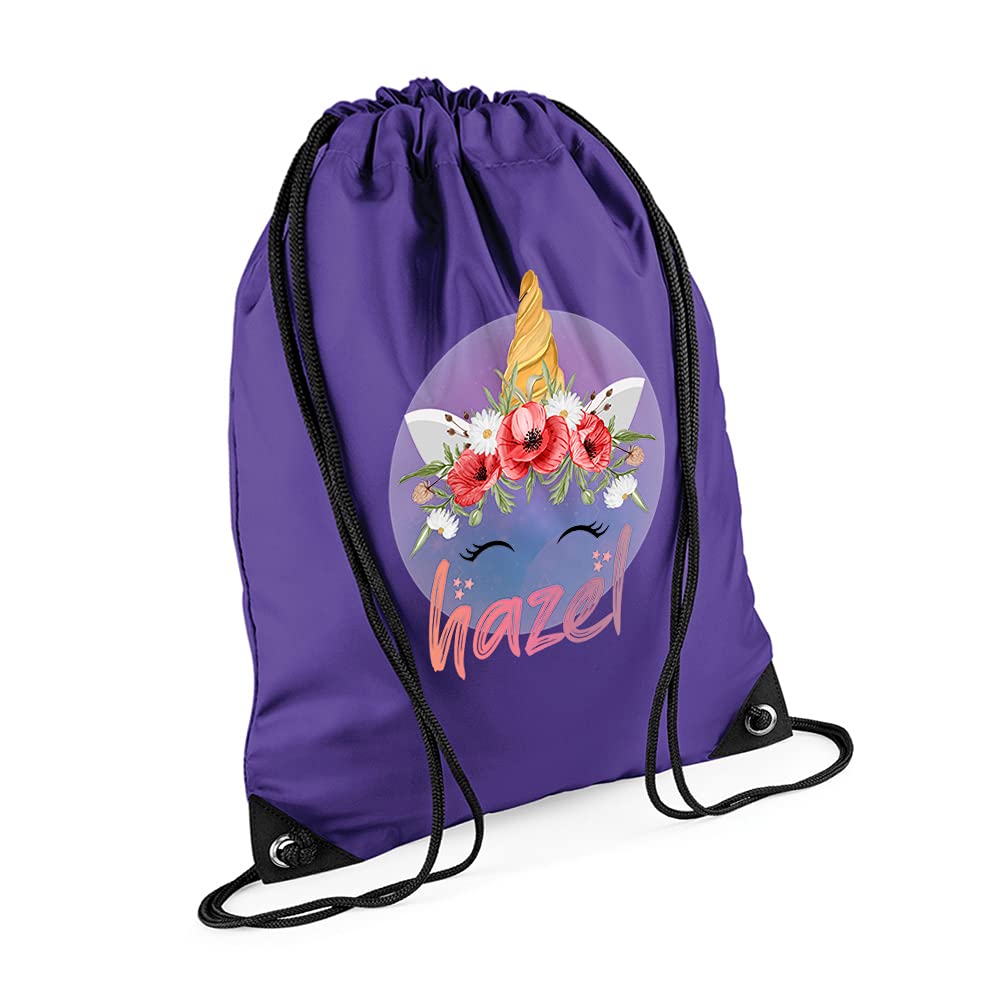 Personalised Unicorn Magicaly Stars Crown Castle Floral Girl ANY NAME Kids Birthda Back To School Drawstring Bag, PE Gym Kit, Swimming Rucksack. (Purple)
