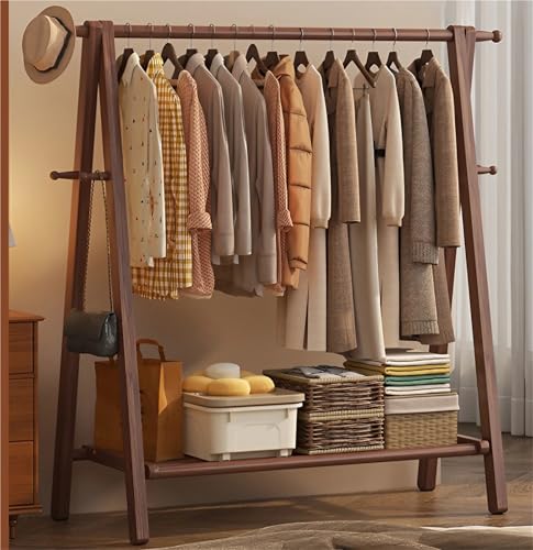 Perchero de madera con estantes, plegable, resistente, para espacios pequeños, ropa independiente para sala de estar, oficina, dormitorio (nogal, 60 x 46 x 150 cm)