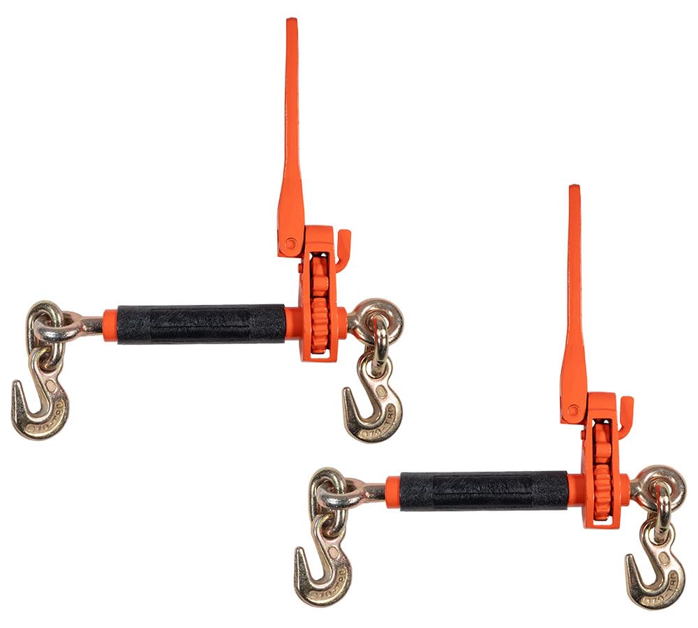 Mytee Products 2 Pack 5/16" - 3/8" Hi-Viz Orange Quick Ratchet Folding Handle Ratchet Load Binder w/Grab Hook 7,100 lbs WLL | Tie Down Hauling Chain Binders for Flatbed Truck Trailer