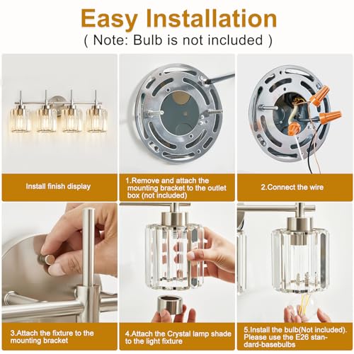 Image of EJIAXIN Crystal Bathroom Vanity Lights, 4 Light Bath Mirror Light Brushed Nickel Round Crystal Wall Mount Light Fixture Over Mirror Morden for Living Room