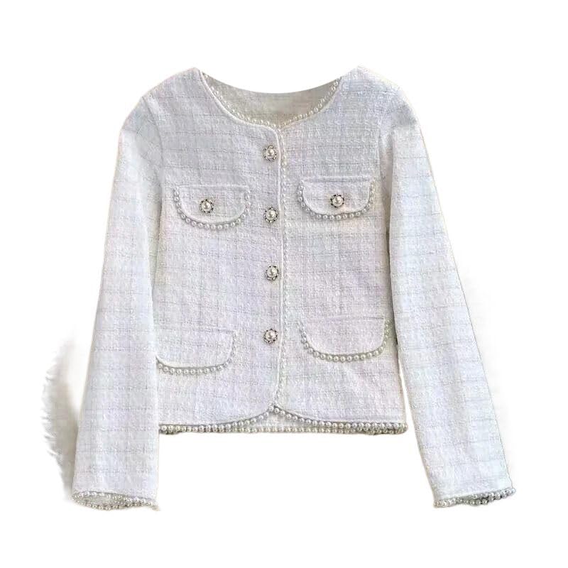 Spring Autumn Women Tweed Jacket Round Neck Short Blazer Jacket WHITE1 XL