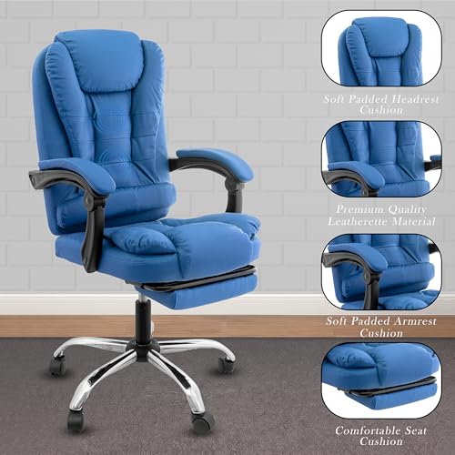Image of Casa Copenhagen Italia Leatherette Office Chair for Work | Boss Chair, Luxurious Cushioned Arms & Seat, 2 Point Back Massager, Adjustable Leg Rest, Heavy Duty Metal Base (Royal Blue)