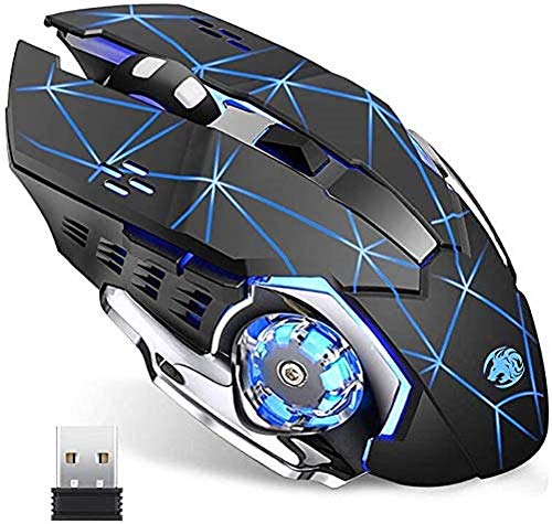 Lasuki Ratón Gaming Inalámbrico Ratón Recargable con 6 Botones y 3Niveles de dpi Ajustables 7 Colores RGB LED y retroiluminación Parpadeante para Ordenador Notebook Desktop Laptop