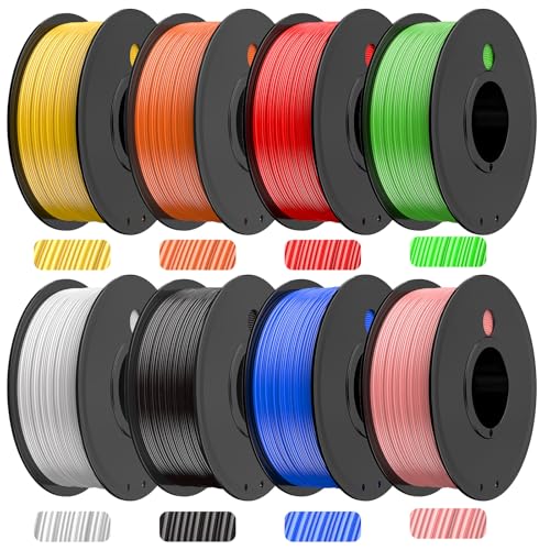Haosegd PLA 3D Printer Filament Bundle, PLA Filament 1.75mm, 250g Spool, 8 Rolls, 2kg in Total Black/White/Red/Yellow/Pi