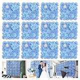 Artificial Flower Wall Panel 15*15inches -12 Pack Silk Rose Hydrangea 3D Flower Wall Décor Backdrop for Wedding Arrangement Wall Background Party Panel Decorations UV Protected Handmade -Light Blue