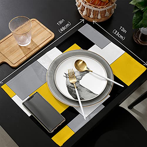 Abstract Art Placemats Set Of 6,Non Slip Washable Farmhouse Table Mats Set, Black And Yellow Table Placemats For Kitchen Dining Table,Wedding Holiday Party Decoration #TOP5