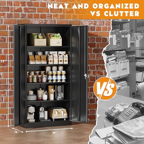 Image of Greenvelly Steel SnapIt Storage Cabinet, 72 inch Locking Metal Garage Storage Cabinet with 4 Adjustable Shelves, 2 Doors and Lock for File, Office, Garage, Home (Black)
