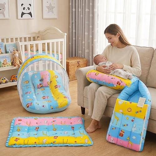 Image of Infantbond by fareto Baby Bedding Set Essentials Combo | Baby Bed | Carry Bag | Sleeping Bag | Hand Carry Bed | Feeding Pillow (0-6 Months)(All in 1)(Blue Giffi)