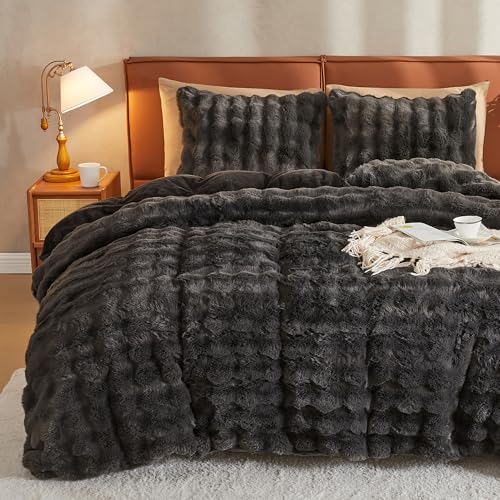 JELLYMONI Plush Duvet Cover Set - Queen Size Dark Gray Faux Fur Comforter Cover 3pcs Bedding Set Luxury Ultra Soft Striped Fluffy Duvet Cover with Zipper and 2 Pillowcases (NO Comforter) by JELLYMONI - Used condition - Image 2