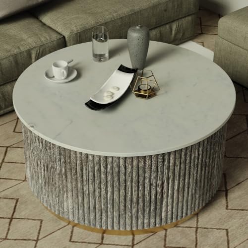 Image of Wooden Coffee Table for Living Room | Modern Round Center Table with Marble Top Fluted Wooden Base and Metal Accent Ring | Premium Marble Top Coffee Table for Home Decor (Grey Texture)