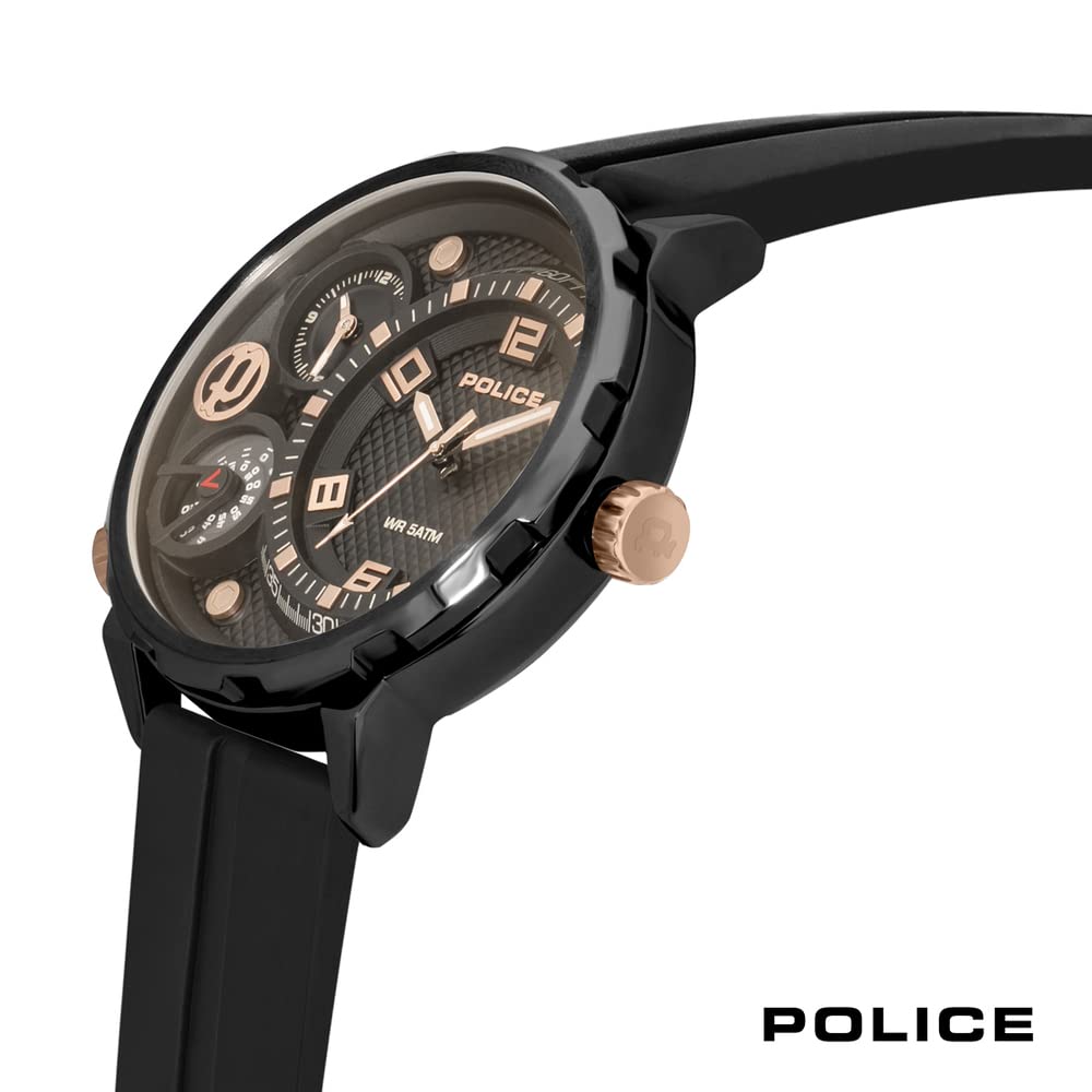 POLICE Ray PEWJN2195301 - Orologio multifunzione da uomo con quadrante nero e cinturino in silicone nero, cassa in acciaio inox da 51 mm, in confezione regalo, Marrone chiaro, misura unica, Cinturino