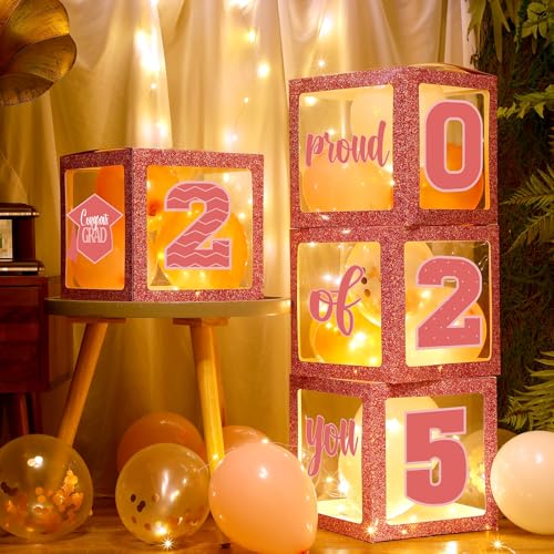 Jerify Graduation Box Decorations with Balloon and LED Light Strings Congrats 2025 Grad Party Supplies Proud of You Balloon Boxes for Class of 2025 School College Party Decor(Pink)