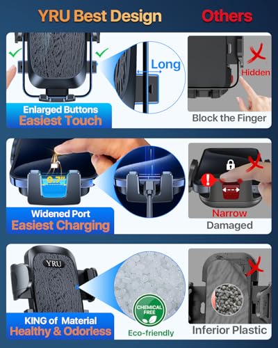 Image of YRU True Upgrade for Safety Car Phone Holder Mount Patent & Military-Grade Dashboard Cell Phone Holder for Car Vent Windshield Phone Stand for iPhone 17 16 15 14 13 Pro Max Truck Samsung, Matte Black