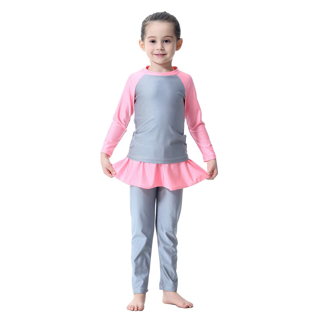 Modest Muslim Swimwear Kids Girls 3 Pieces Full Cover Conservative Islamic Hijab Burkini Swimsuit UPF 50 Sun Protection Long Sleeve Rash Guard Sets Top Pants Cap Bathing Suit Gray 12-18 Months