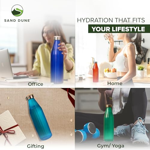 Image of SAND DUNE BlueColour Glass water bottle, 800 ml Each, Set of 1, with Leak-Proof Airtight Stainless-Steel Lid for Water, Smoothie, Juices - Reusable Travel Glass Drinking Fridge Bottles