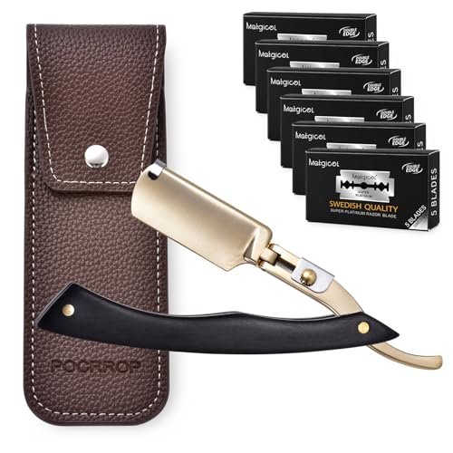 Coupe Chou Barbe Rasoir Homme Plaqué Or 24K - Rasoir de Barbier Manuel avec Manche en Bois de Pakka - Inclut 30 Lames en Acier Inoxydable Suédois et Étui en Cuir - Kit de Précision Vintage (Or)