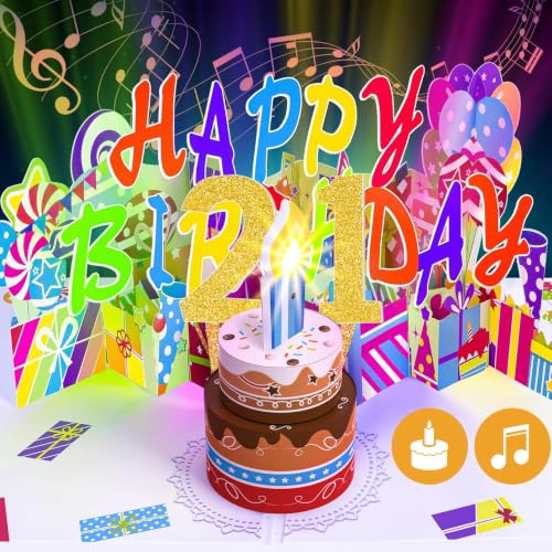 Image of Gumry 21ST Birthday Greeting Card, Musical Pop-Up with Blowable LED Candle, Colorful Happy Birthday Decorations, Large Greeting Card for Son, Daughter, Boys, Girls