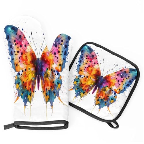 Watercolor Butterfly Polka Dot Oven Mitts Kitchen Oven Gloves for Cooking Baking Heat Proof Lining Cotton Kitchen Potholder Mittens Pot Holders Hot Pads for Chef Women Men