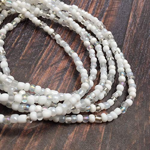 Angel Wings Charm Anklet - White Glass Seed Bead Mix With Silver Tone Charm - Size M 10 Inches #TOP3