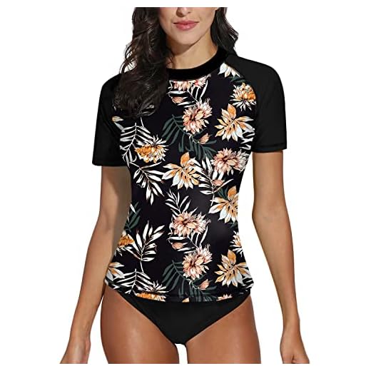 BesserBay Women Short Sleeve Swim Shirt Tropical Floral Print Colorblock Uv Protection Rash Guard XL
