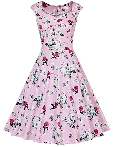 MUXXN Women's Ruched Bust High Waist Formal Work Midi Dress (Floral Pink M)