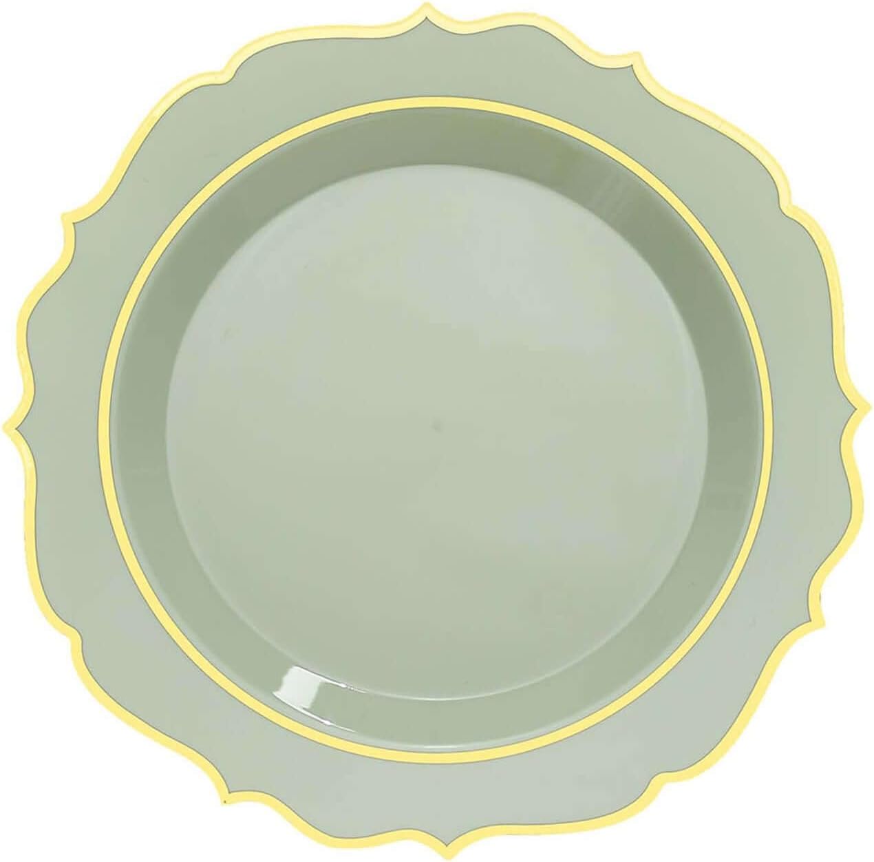 Efavormart 10 Pack | 8" Sage Green Plastic Dessert Salad Plates, Disposable Tableware Round With Gold Scalloped Rim for Wedding, Outdoor Receptions, Banquets, Holiday Dining