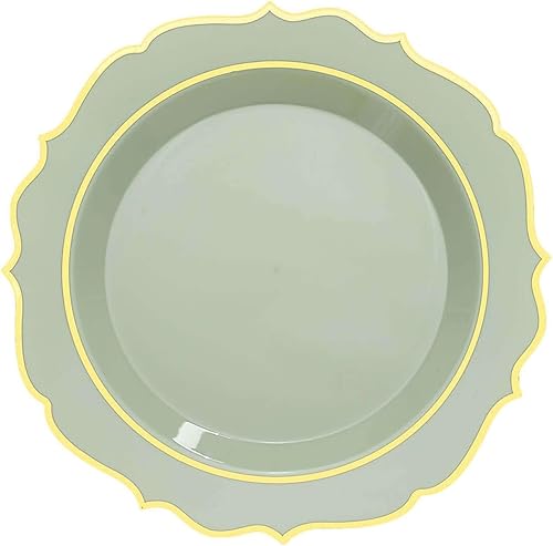 Miniatura 7 de Efavormart - Paquete de 10 platos de ensalada de postre de plástico verde salvia de 8 pulgadas, vajilla desechable redonda con borde festoneado