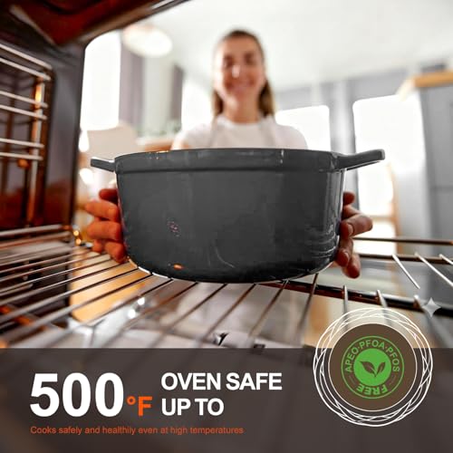 Image of Overmont Enameled Cast Iron Dutch Oven - 5.5QT Pot with Wide Handles Lid Cookbook & Cotton Potholders - Heavy-Duty Pre-Seasoned Cookware Oven Safe to 500F for Braising, Stews, Roasting, Sourdough Baking Grey