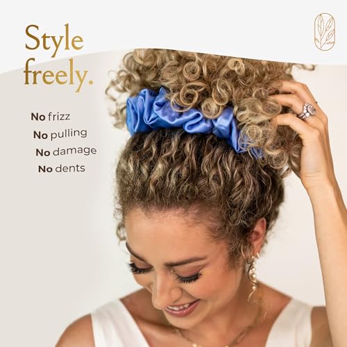 Image of Silk Scrunchies for Women Ponytail Holders - Oversized Mulberry Silk Scrunchies - Extra Large No Damage Hair Ties for Curly, Thick, and Thin - Hair Accessories for Women - Cerulean, XL By Curlfriend