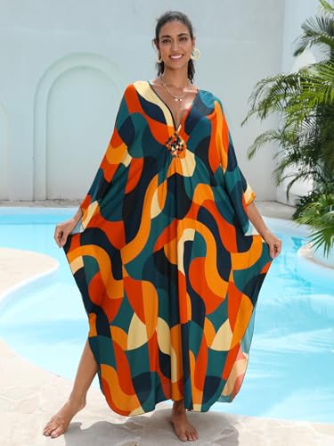Image of IMAGEKOPE Women's Plus Size Animal Print V-Neck Batwing Kaftan Beach Dress Bathing Suit Cover-Up Loungewear