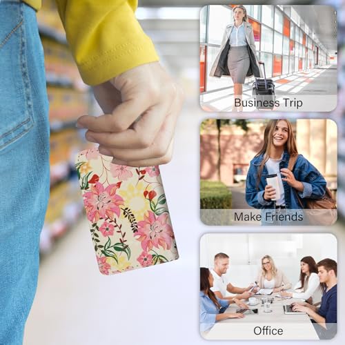 Image of Business Card Holder,PU Leather Business Card Case Color Printing Pattern Card Holder Wallet,Pockets Magnetic Credit Card Holders for Men and Women - Red Yellow Flowers