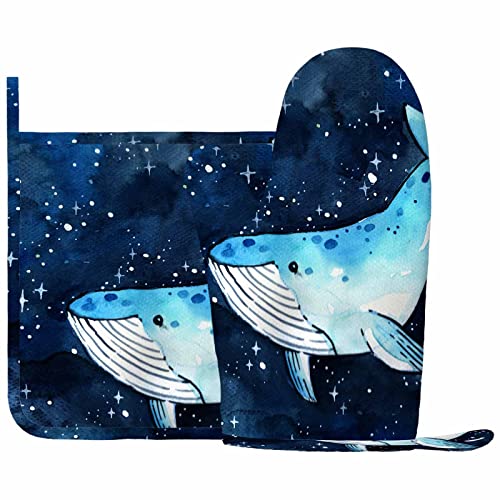 Mxocom OVENMITT163 Whale Oven Mitts And Pot Holders Sets Starry Sky Watercolor Animal Sea Theme Marine Life Hand Drawn Painting Silicone Heat Resistant Kitchen Oven Gloves Pot Holder thumb #1