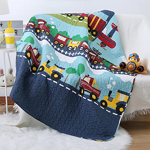 ABREEZE 100% Cotton Children's Bedspread, Train Pattern Coverlet Truck Quilt Bedspread Throw Blanket for Baby Kids 43