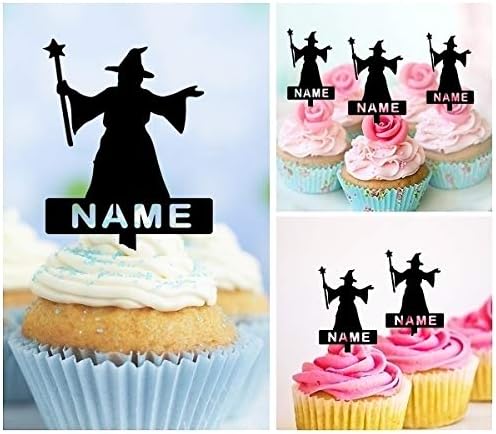 TA1008 Magician Wizard Silhouette Party Wedding Birthday Acrylic Cupcake Toppers Decor 10 pcs with Personalized Your Name