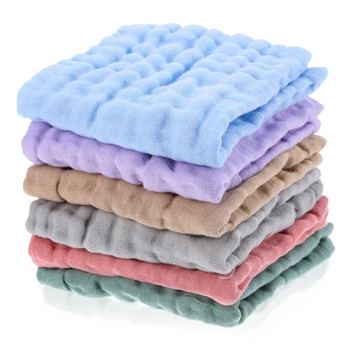 Image of Qianyu 6 Pcs Baby Muslin Washcloths for Unisex 100% Cotton Bath Wash Cloths for Babies Comfy Soft Absorbent Burp Cloths for Newborns Infants Kids Girls and Boys Multicolor 9.75 x 9.75 Inches