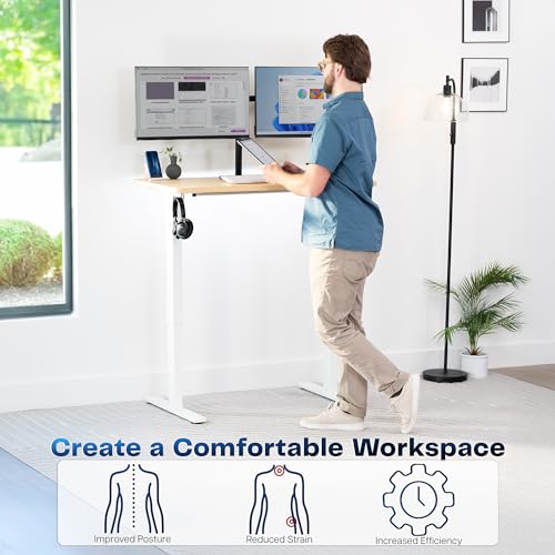 Image of VIVO Light Wood 43 x 24 in Standing Desk, DESK-1W4C | Electric, Holds 220 lbs, Sit Stand Up, Height Adjustable, Home Office, Memory Presets, 1B Series, White Frame