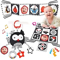 KUANGO Black and White High Contrast Baby Toys 0-6 Months with Mirror, Crinkle and Rattles, Soft Baby Toys for Brain Development Montessori Sensory Tummy Time Newborn Infant for 0 3 6 9 Months Old