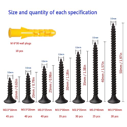 M3.5 Wood Screws Assortment,245 Pcs Drywall Screws Assorted,Flat Head Self Tapping Mixed Screws Kit For Wood,Metal,Plastic (16/20/25/30/40/50mm) (Black) - Image 3