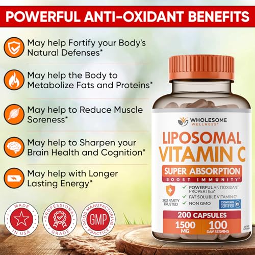 Wholesome Wellness Liposomal Vitamin C Capsules (200 Pills 1500mg Buffered) High Absorption, Immune System & Collagen Booster, High Dose Fat Soluble Immunity Support Ascorbic Acid, Natural Vegan