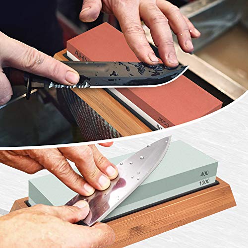 Whetstone Knife Sharpening Stone Set - 4 Side Grit 400/1000 and 3000/8000 Waterstone, Whetstone Sharpener Stone Set Includes NonSlip Bamboo Base, Flattening Stone & Angle Guide